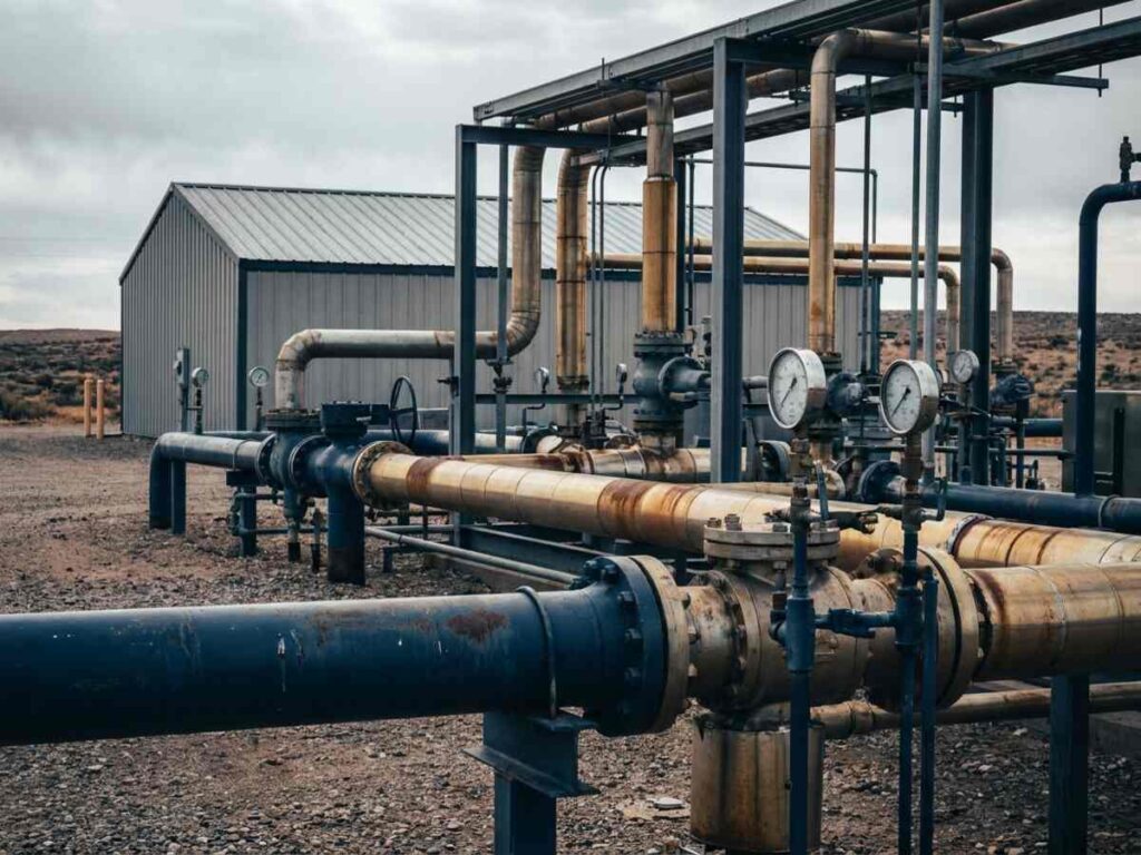 Infrastructură industrială de conducte de gaze naturale, cu manometre și robineți de control
