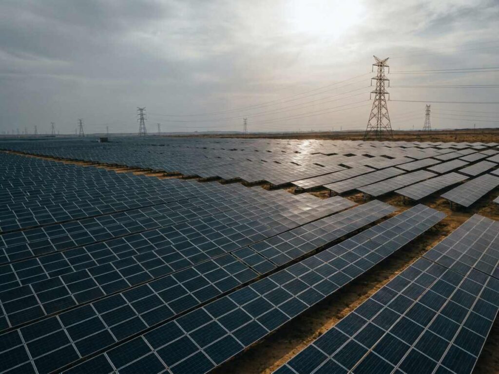 Panouri fotovoltaice într-un parc de energie solară, sub cer senin