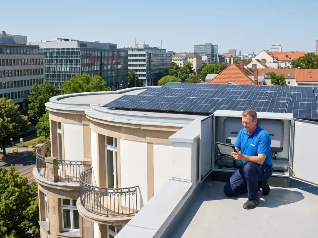 Tehnician verificând invertorul unei instalații fotovoltaice montate pe acoperișul unei clădiri interbelice restaurate, ilustrare pentru Decizia CCR nr. 391/2026 privind legea prosumatorilor