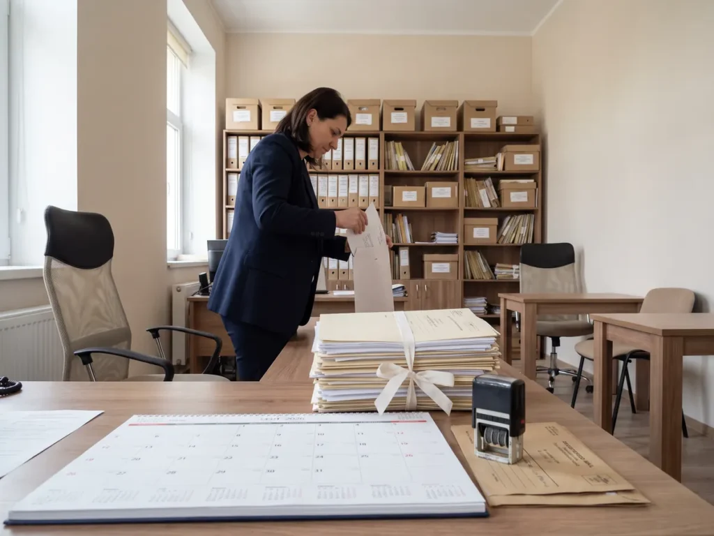 Dosare de executare legate cu șnur, calendar de birou și ștampilă cu dată, într-un birou de executor judecătoresc