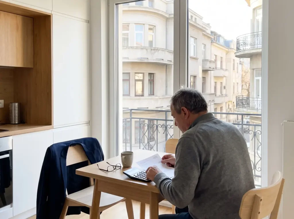 Un pensionar militar verifică acasă, cu calculatorul, cuantumul pensiei militare de stat afectat de plafonarea confirmată prin Decizia CCR nr. 35/2026