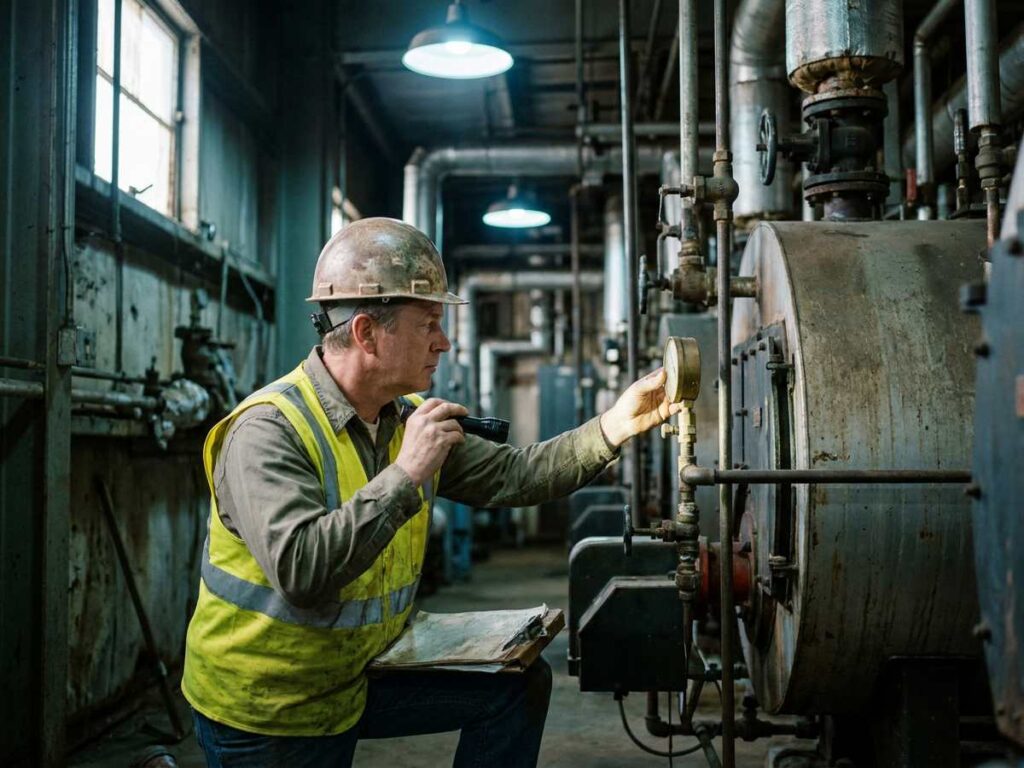 Inspector tehnic cu cască de protecție verificând manometrul unui cazan industrial într-o centrală termică
