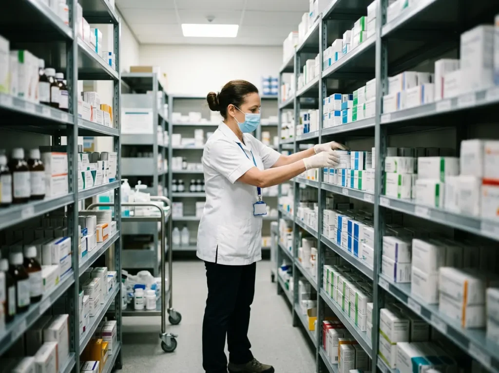 Farmacist de spital aranjand cutii de medicamente pe rafturile unei farmacii clinice