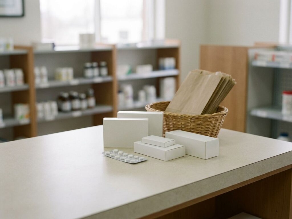 Cutii albe de medicamente si un blister cu comprimate pe tejgheaua unei farmacii