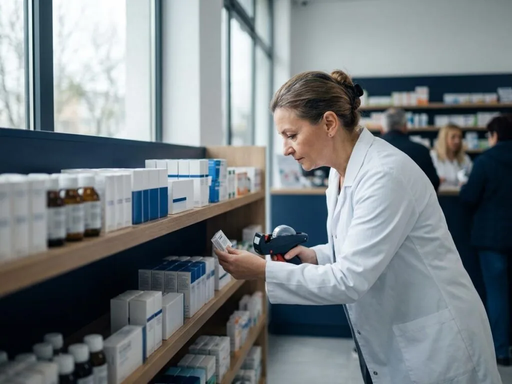 Farmacist verifică prețurile medicamentelor pe raftul unei farmacii din România
