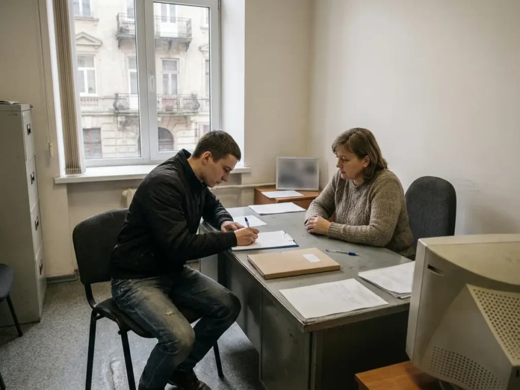 Tânăr la biroul unei agenții pentru ocuparea forței de muncă, semnând cererea pentru prima de stabilitate, în fața unei consiliere