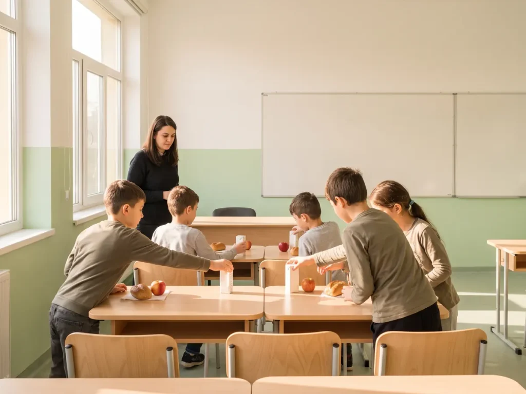 Elevi de școală primară luând laptele, cornul și mărul de pe bănci, în timpul gustării