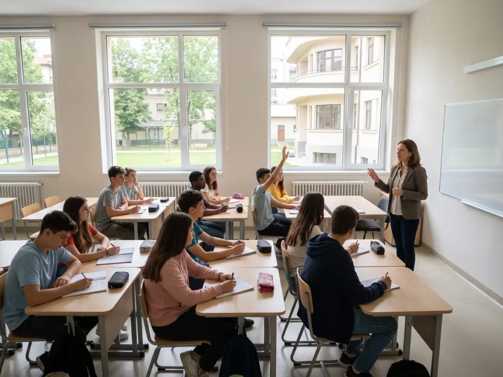 Elevi de liceu la ore într-o sală de clasă luminoasă și renovată, cu profesoara explicând lângă tablă
