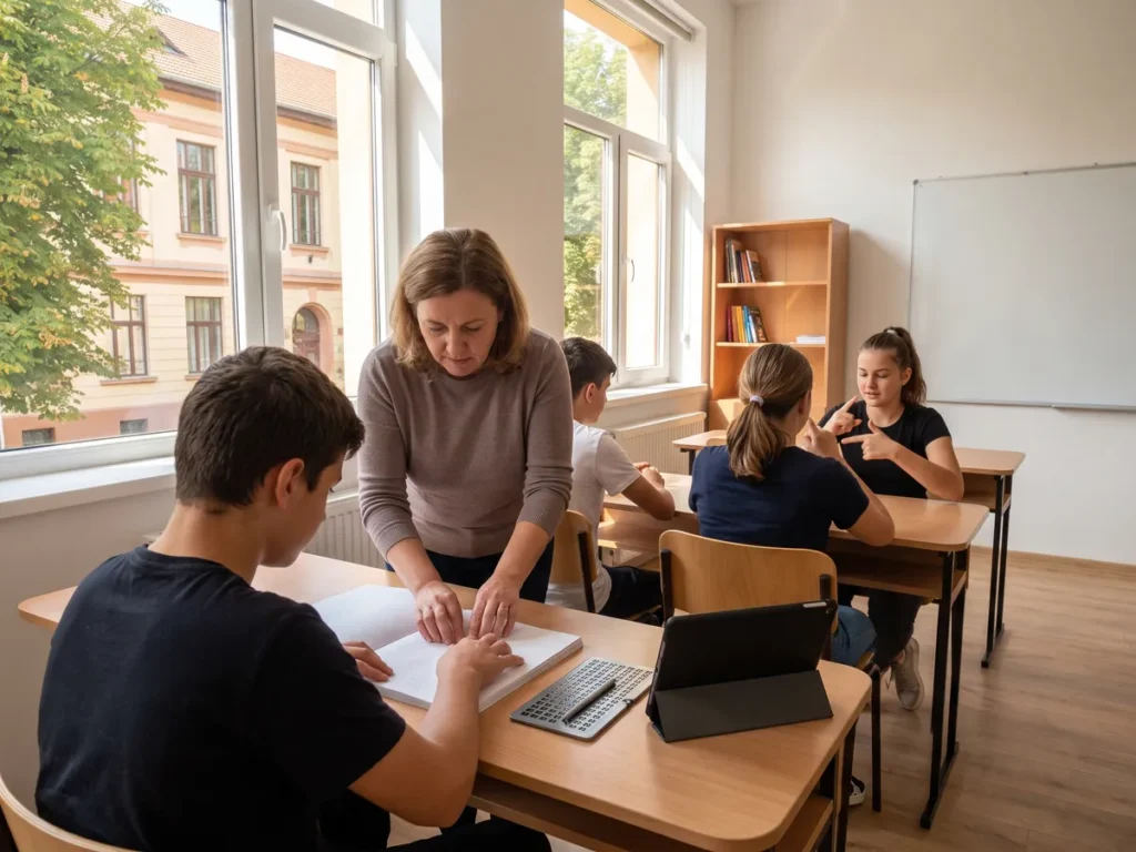 Profesoară ajutând un elev să citească o pagină în Braille, într-o clasă de liceu special