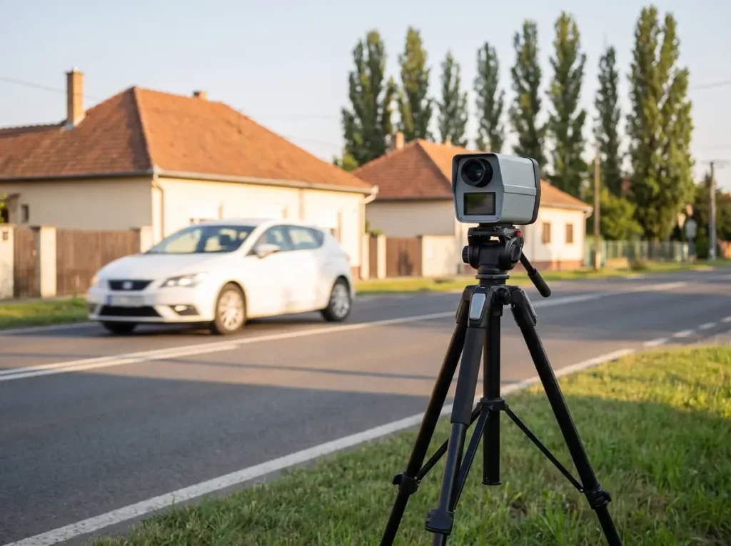 Aparat radar montat pe trepied la marginea unui drum din România, în contextul Deciziei CCR nr. 102/2026 privind sancțiunea pentru depășirea vitezei cu peste 50 km/h
