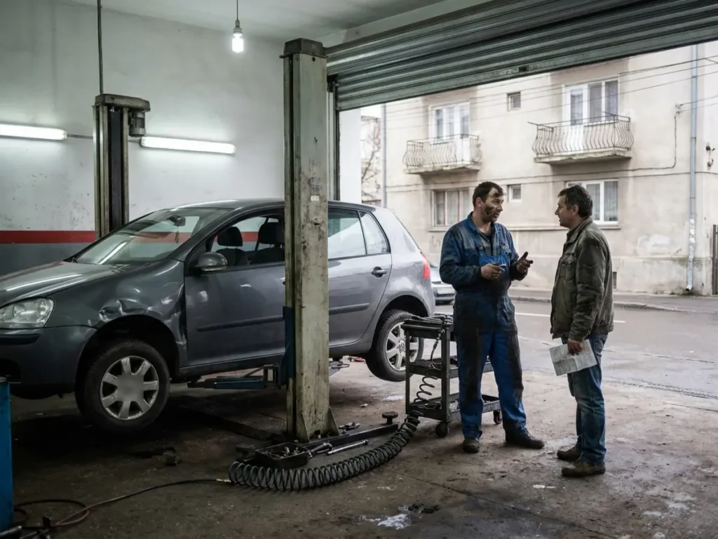 Mecanic și client discutând lângă o mașină avariată ridicată pe elevator, într-un service auto