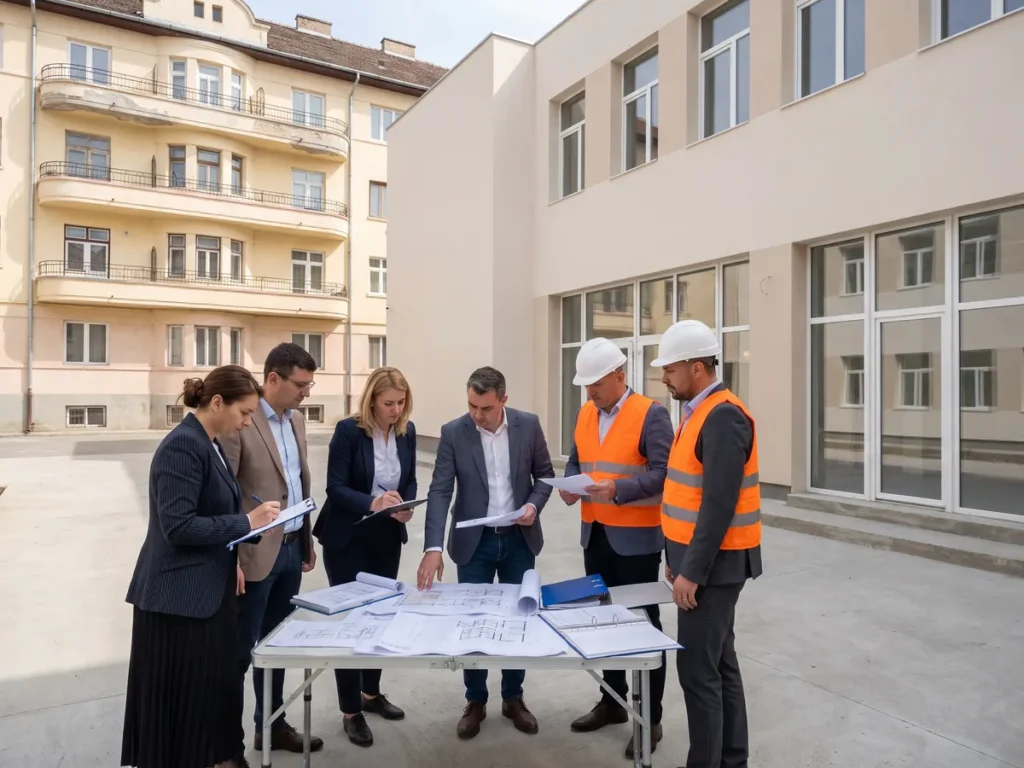 Comisie de recepție examinând documentele unei investiții publice în fața unei clădiri nou finalizate