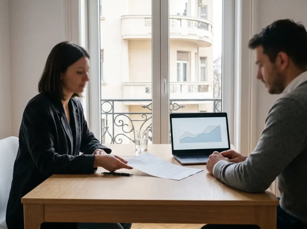 Consilier financiar și client la o masă de birou, cu un contract tipărit și un laptop care afișează un grafic, într-o clădire interbelică restaurată