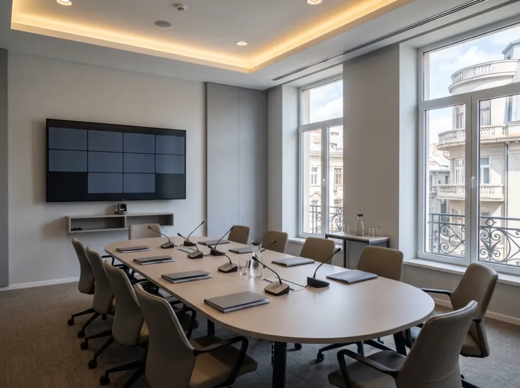 Sala de sedinte institutionala din Bucuresti, cu masa ovala, microfoane si un ecran de videoconferinta, cu fatade interbelice vazute pe fereastra