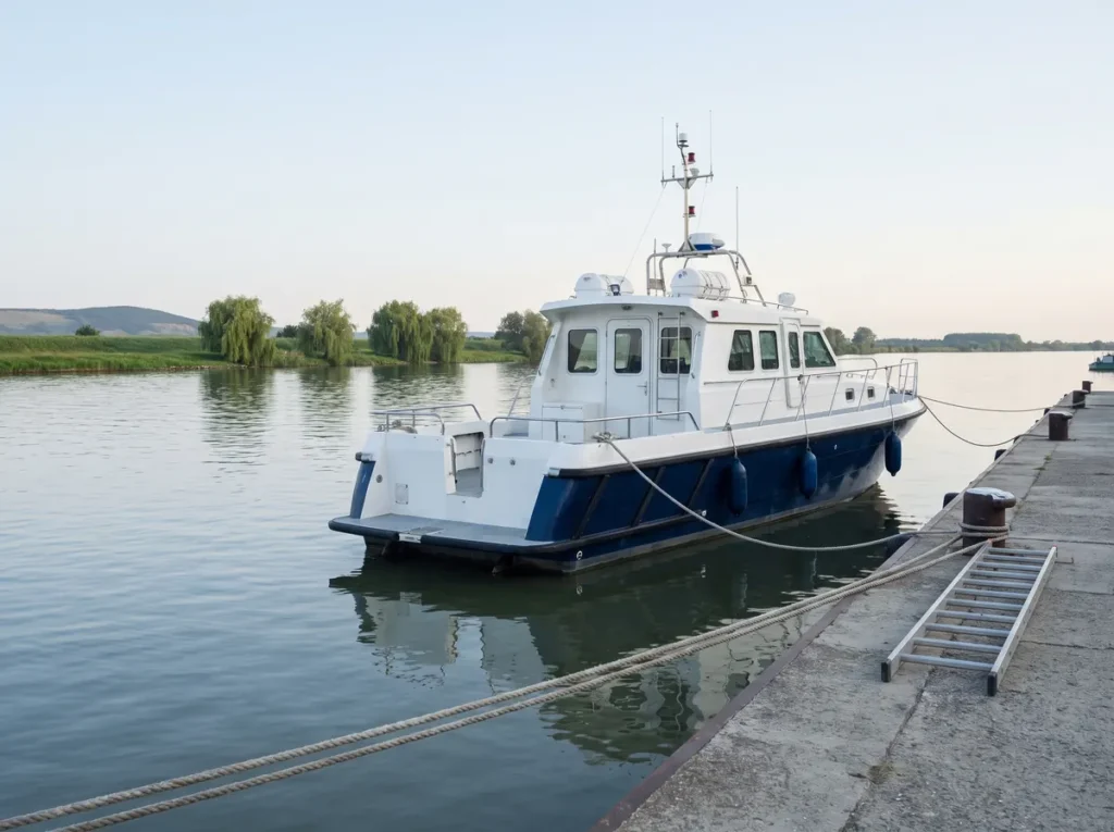 Nava de patrulare alb-albastru acostata la un cheu de beton pe Dunare, cu parame, babale si scara de acces, in lumina diminetii