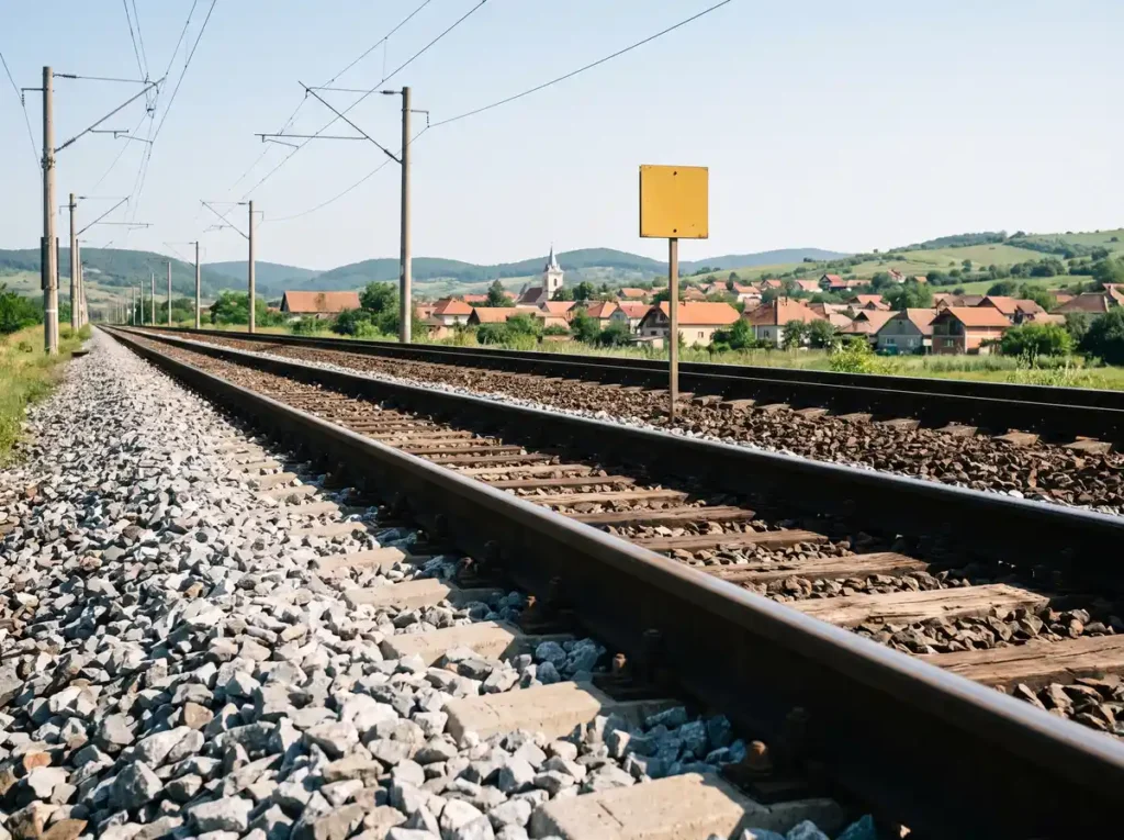 Cale ferata dubla electrificata in Romania, cu un panou galben de restrictie de viteza langa sina si un sat cu turla de biserica in fundal