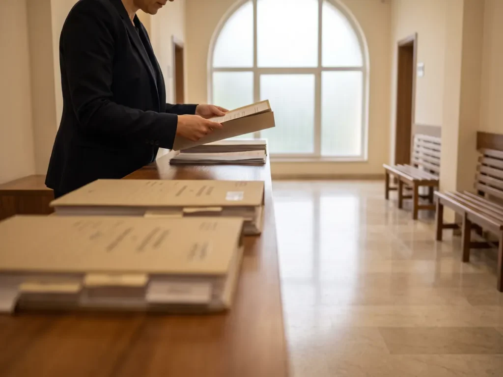 Avocată la registratura unei instanțe, cu două dosare de instanță așezate alături pe tejghea