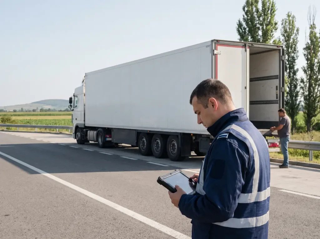 Inspector fiscal cu tabletă în mână, lângă un camion oprit pe marginea drumului pentru verificarea transportului de mărfuri, ilustrare pentru sistemul RO e-Transport