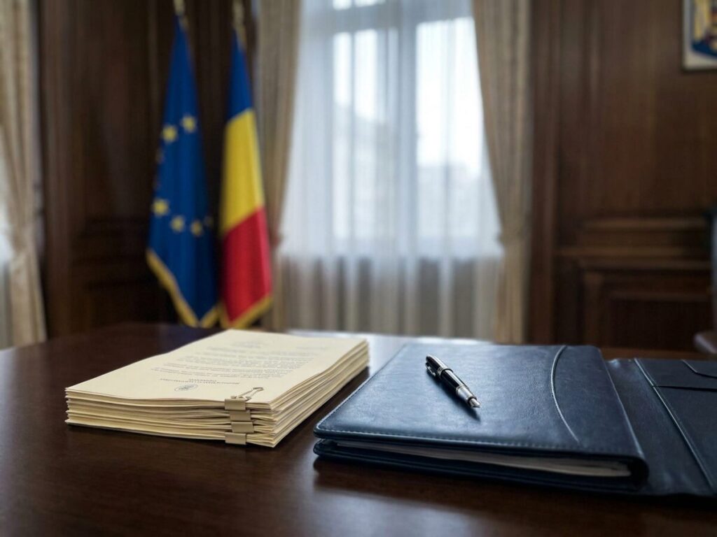 Documente financiare oficiale pe un birou guvernamental, cu drapelele Uniunii Europene și României în fundal, simbolizând Acordul de împrumut SAFE