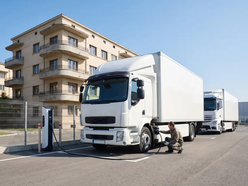 Un camion electric alb se încarcă la o stație de mare putere într-un depozit logistic, lângă un bloc interbelic restaurat