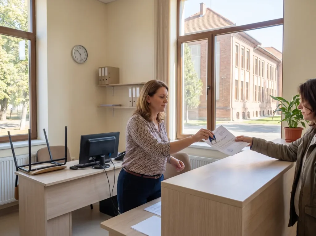 Secretară de școală eliberează un document ștampilat unui părinte, la ghișeul unui secretariat de școală de stat, cu un birou liber în spate, ilustrare pentru deblocarea posturilor din învățământ