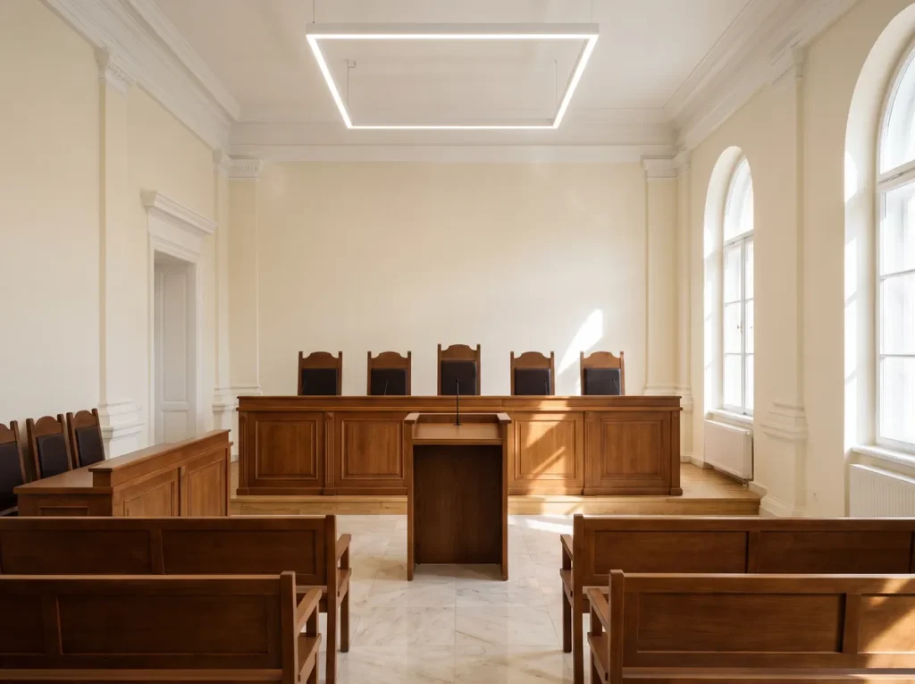 Sala de judecata goala dintr-un tribunal din Romania, cu banca completului si scaunele libere, luminata natural prin ferestre arcuite