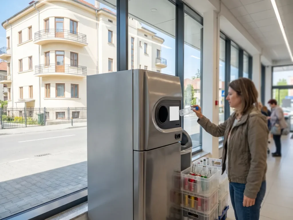 Femeie care introduce o sticlă de plastic într-un aparat de returnare a ambalajelor, la intrarea unui supermarket din România