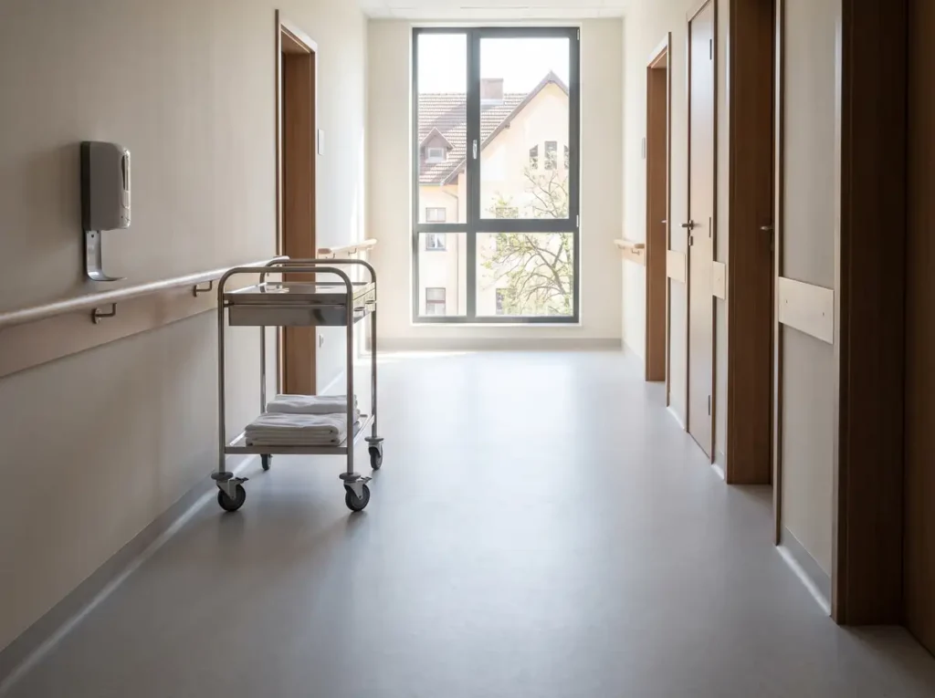 Coridor gol într-un spital public din România, în contextul Deciziei ÎCCJ nr. 77/2026 privind sporul pentru condiții de muncă în epidemia de rujeolă