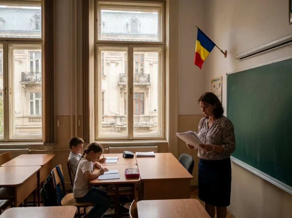 Sală de clasă dintr-o școală primară din România, cu steagul tricolor pe perete și o învățătoare care verifică lucrările elevilor