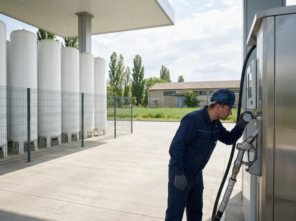 Tehnician în uniformă de lucru verifică manometrul unui distribuitor de hidrogen, lângă rezervoare de înaltă presiune, ilustrare pentru regimul ISCIR al instalațiilor de alimentare cu hidrogen