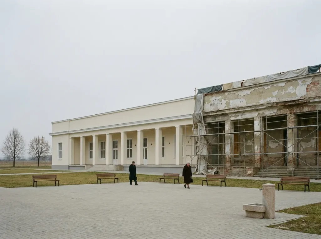 Pavilion de tratament dintr-o stațiune balneară din România, cu o jumătate de clădire renovată și cealaltă în schele, cu tencuiala căzută