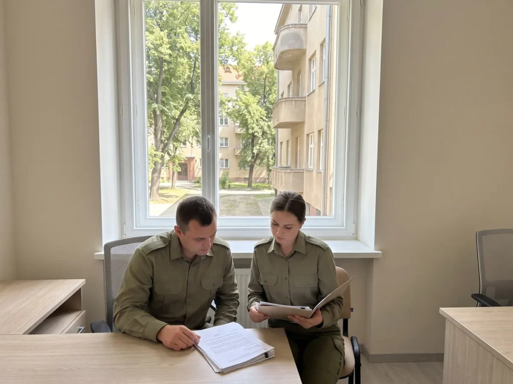 Doi militari în uniformă de serviciu citesc împreună un dosar de documente la un birou dintr-o încăpere luminoasă