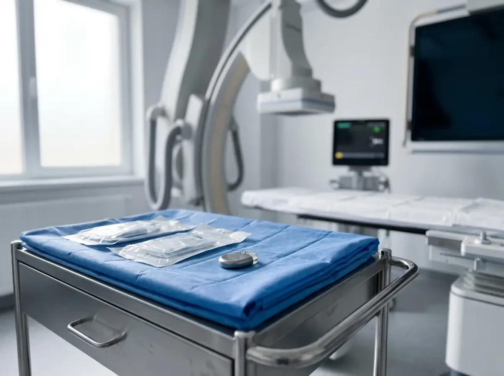Măsuță sterilă dintr-o sală de cardiologie, cu un stimulator cardiac miniaturizat și truse de implant, în contextul Ordinului CNAS nr. 1.506/2026
