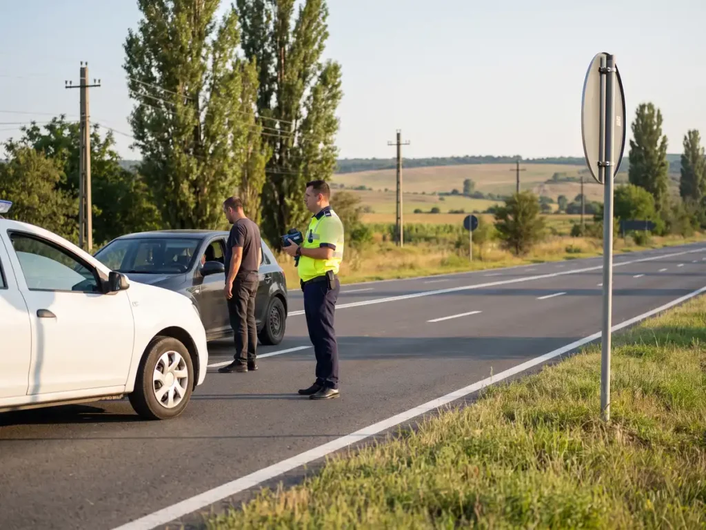 Polițist rutier cu aparatul radar, discutând cu un șofer oprit pe marginea unui drum de țară