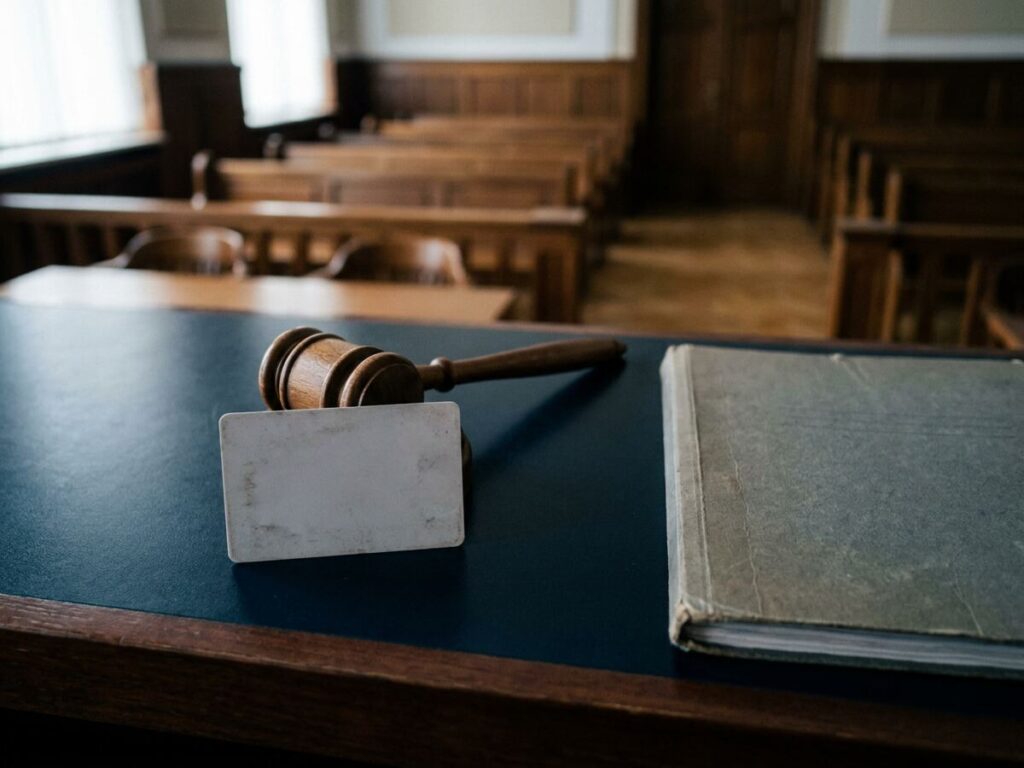 Permis de conducere așezat pe masa unei săli de judecată, lângă un ciocănel de judecător și un dosar