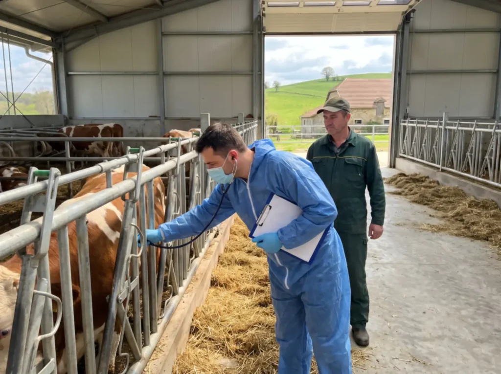Medic veterinar în echipament de protecție examinând o vacă într-un grajd, alături de crescătorul de animale