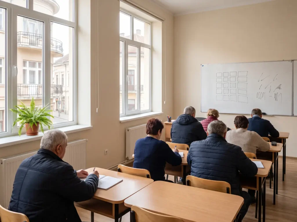 Sala de clasa pentru adulti dintr-o scoala din Romania, cu cursanti asezati in banci si o tabla alba in fata, cu cladiri interbelice restaurate vazute pe fereastra
