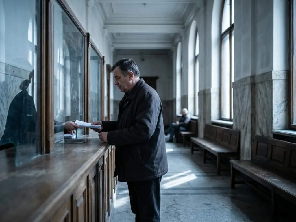 Bărbat depunând acte la ghișeul registraturii unei instanțe, pe holul de marmură al unui palat de justiție