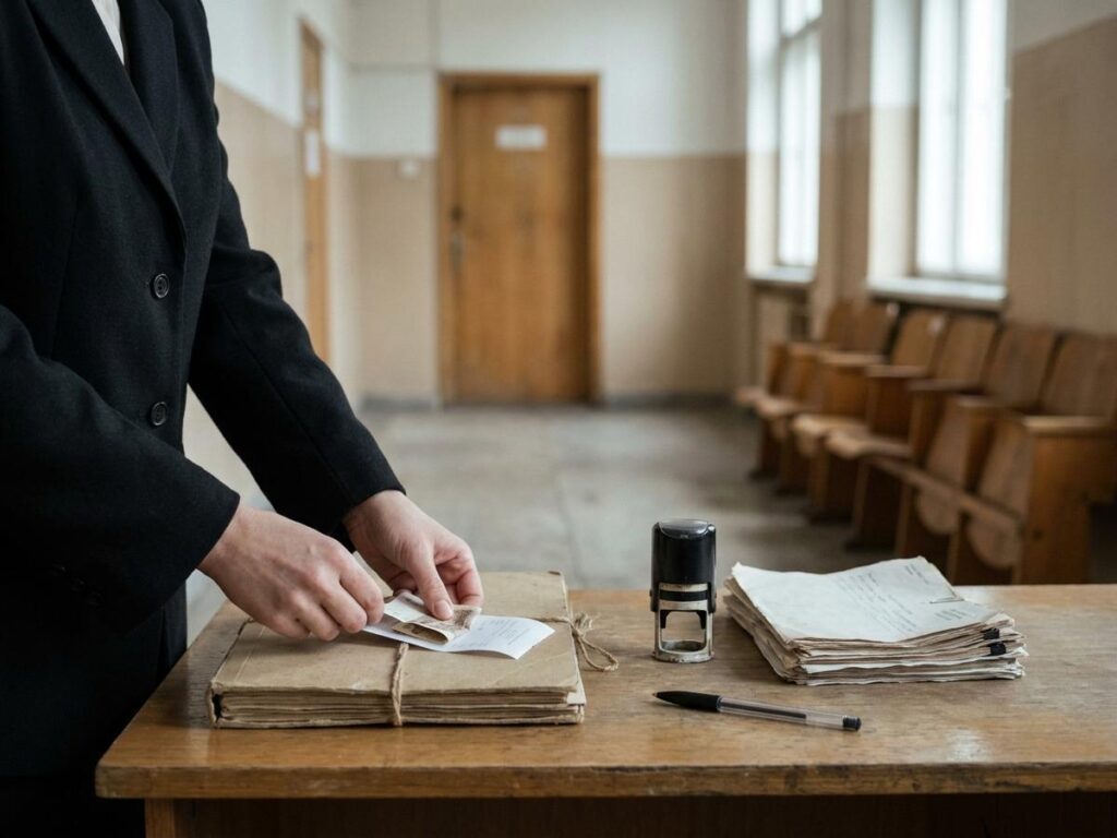 Mana care aseaza o chitanta pe un dosar de instanta, pe biroul unei grefe de tribunal