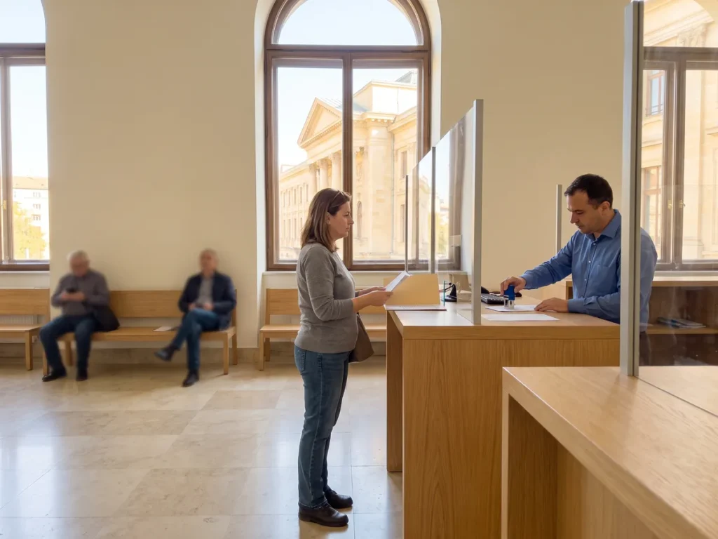 Femeie la ghișeul registraturii unei instanțe, cu chitanța taxei judiciare de timbru și dosarul în mână