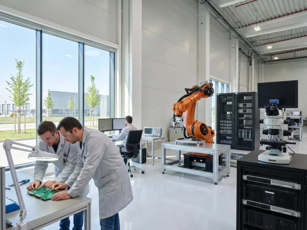 Hală de cercetare și producție de tehnologii avansate din România, cu braț robotic și ingineri la banc de test