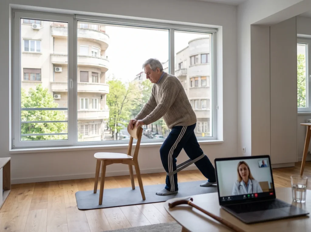 Bărbat în vârstă care face un exercițiu de recuperare cu bandă elastică în locuința sa, ghidat prin videoconferință de o fizioterapeută, ilustrare pentru legea telereabilitării