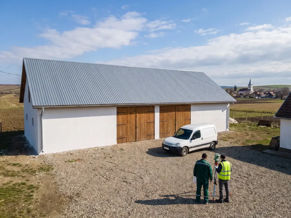 Fostă clădire de cooperativă agricolă renovată la marginea unui sat din Transilvania, cu doi topografi în curte, ilustrare pentru Decizia CCR nr. 673/2025 privind terenul aferent construcțiilor fostelor cooperative