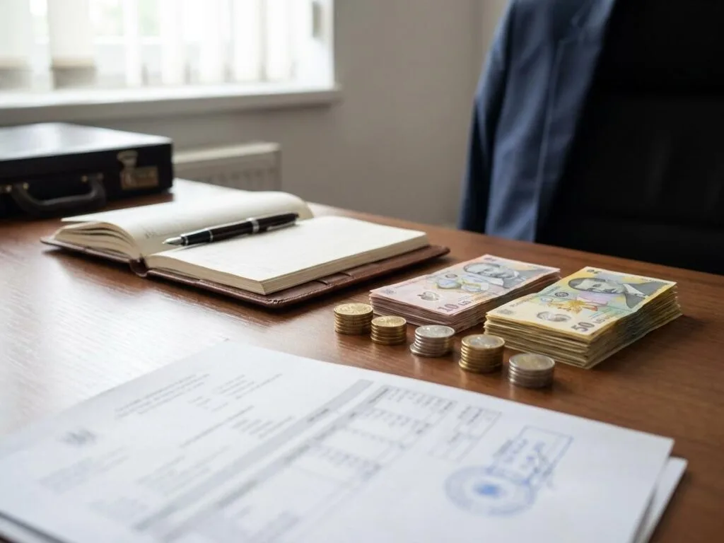 Bancnote și monede românești lângă documente financiare pe un birou, ilustrând titlurile de stat Tezaur