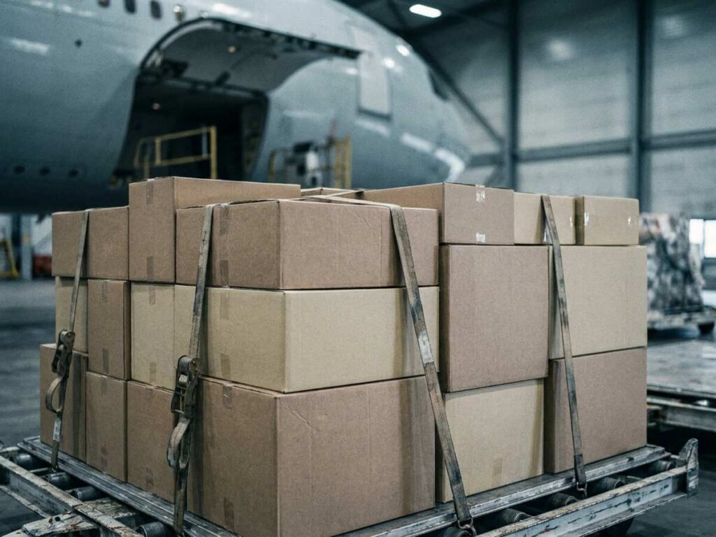 Cutii de carton stivuite pe o paletă de marfă aeriană, într-un terminal cargo, cu fuzelajul unui avion în fundal