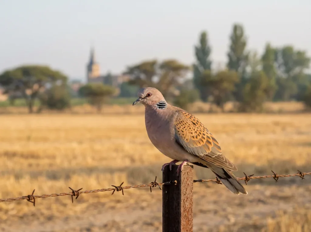 Turturică, Streptopelia turtur, cu pata dungată alb-negru de pe gât, așezată pe un stâlp de gard cu sârmă ghimpată, pe fundalul unui câmp de miriște și al turlei unei biserici de sat