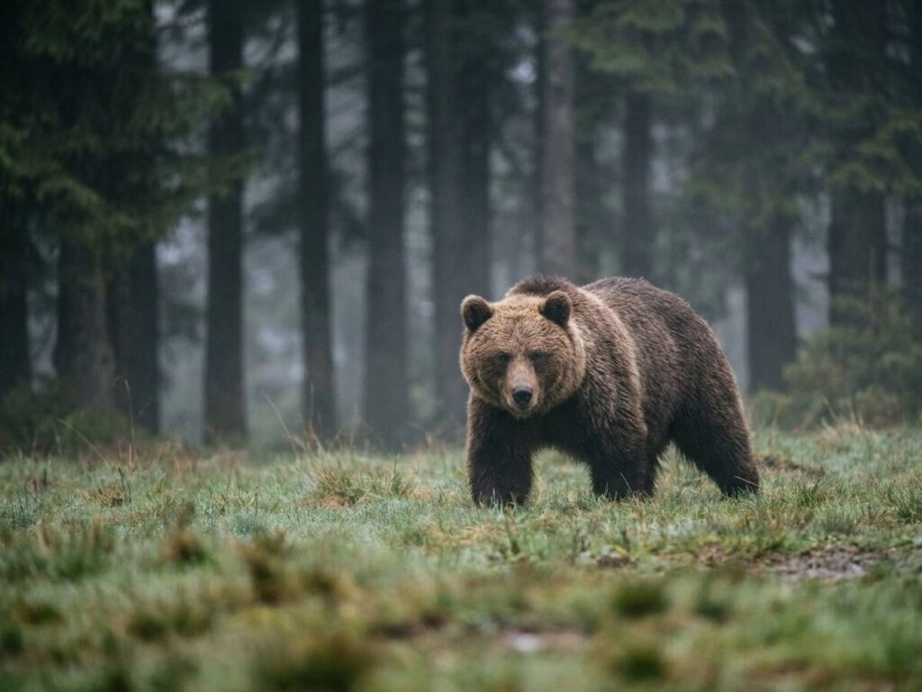 Urs brun adult la marginea unei poieni dintr-o pădure de conifere, în ceață de dimineață