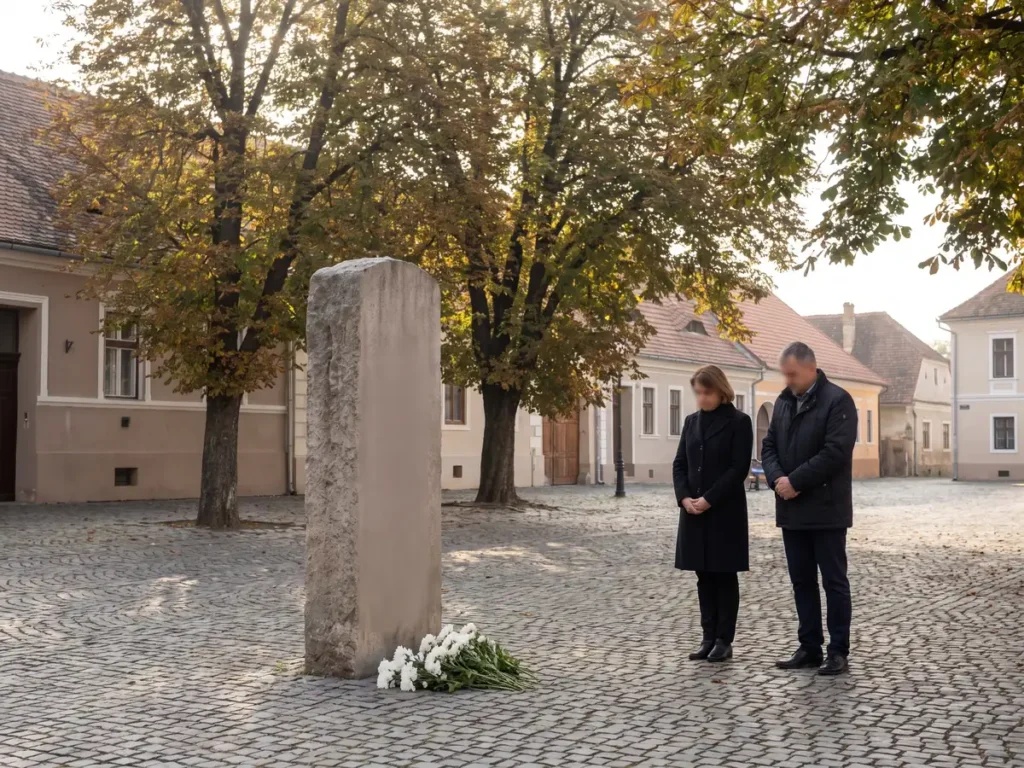 Moment de reculegere în fața unui monument de piatră din piața unui oraș transilvănean, ilustrare pentru Legea nr. 156/2026 privind Ziua Martirilor Români din Huedin