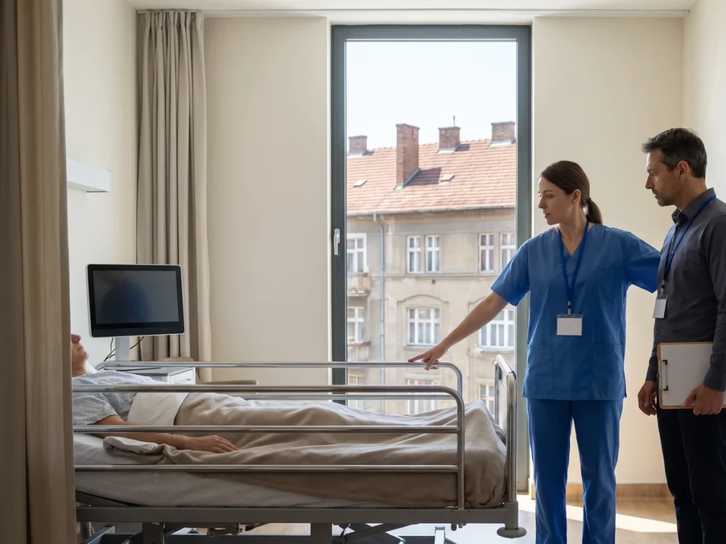 Vizită de evaluare pentru acreditare într-o secție de spital cu paturi: evaluatori cu ecusoane, o asistentă și un medic lângă patul unui pacient