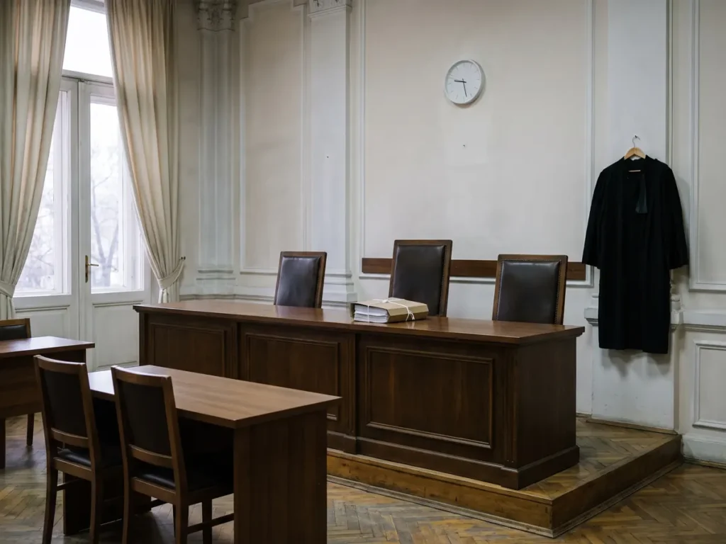 Sală goală de ședință disciplinară, cu bancă de judecată, un dosar legat cu șnur și o robă de magistrat pe umeraș